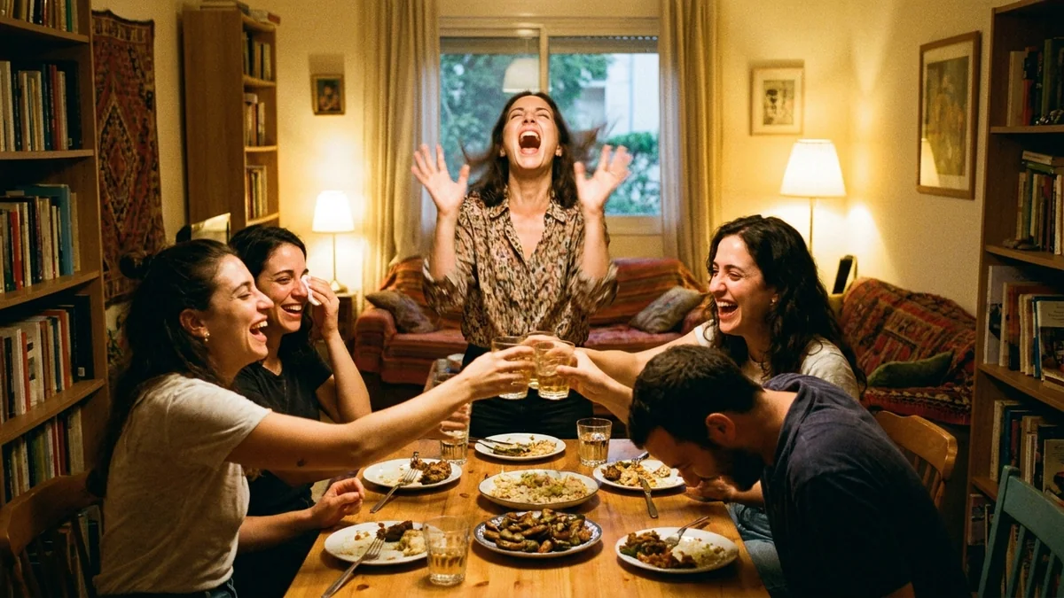 שחקנים צוחקים בזמן ששחקן אחד מנסה לשלוף תשובות