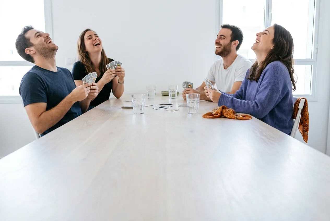 ארבעה חברים צוחקים סביב משחק קלפים - קטגוריית משחק חברתי במיינדקס